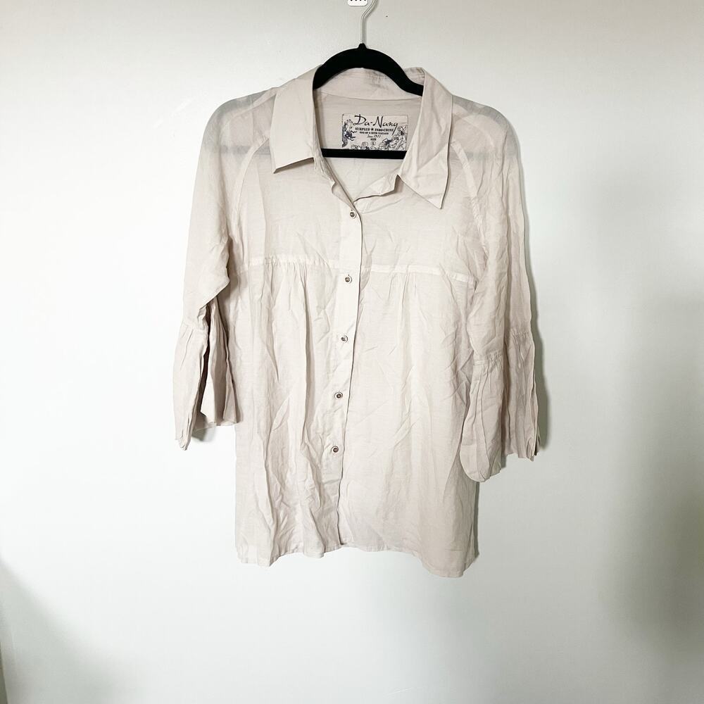 Da-Nang beige bell sleeve cotton button‎ blouse women’s large